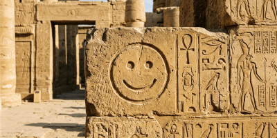 Stone wall with ancient Egyptian hieroglyphs and a carved smiley face