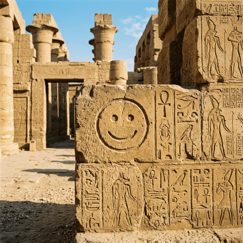 Stone wall with ancient Egyptian hieroglyphs and a carved smiley face