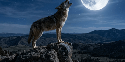 Wolf howling on rocky hill at night with full moon and stars
