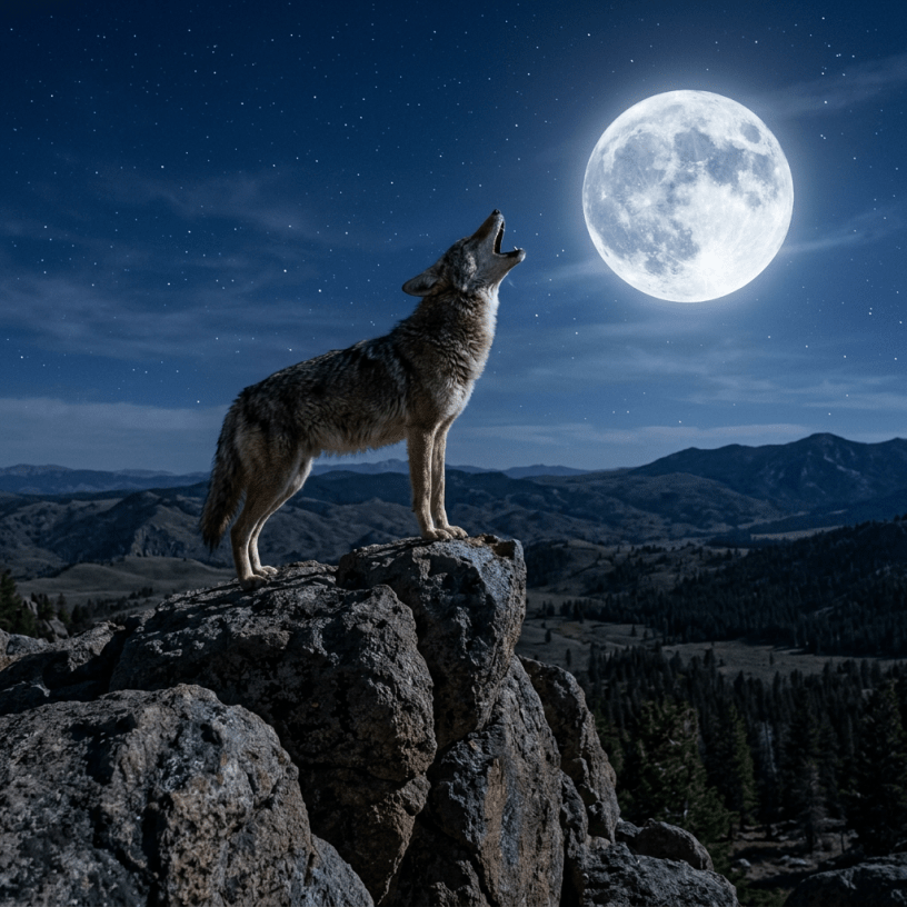 Wolf howling on rocky hill at night with full moon and stars
